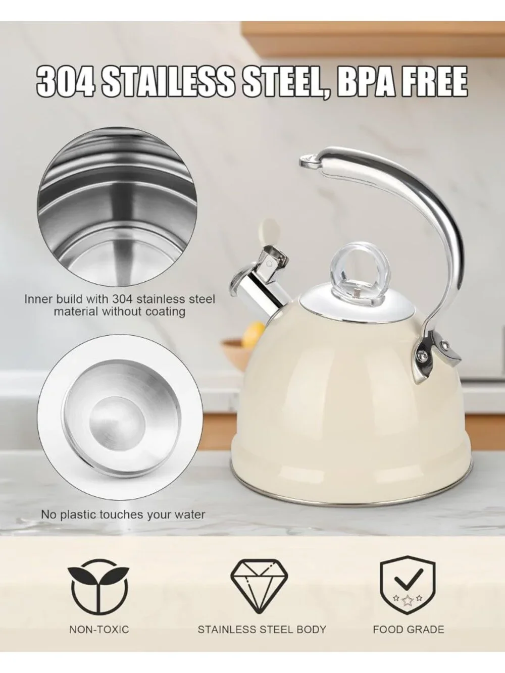 2.5 Qt Stainless Steel Whistling Tea Kettle for Gas, Electric Induction White